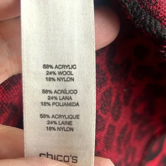 Chico's Red Black Leopard Cheetah Print‎ Fringe Cardigan Sweater Size 3 XL Wool - Picture 7 of 7